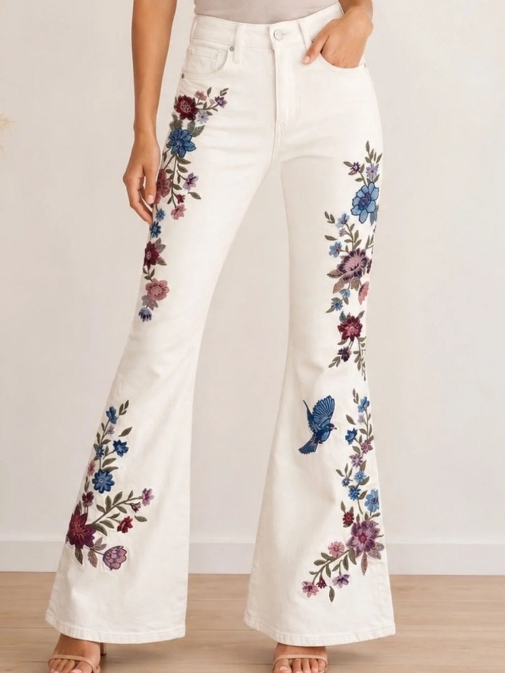 DRIFTWOOD Farrah Embroidered Flare Leg Jeans Blue Birds